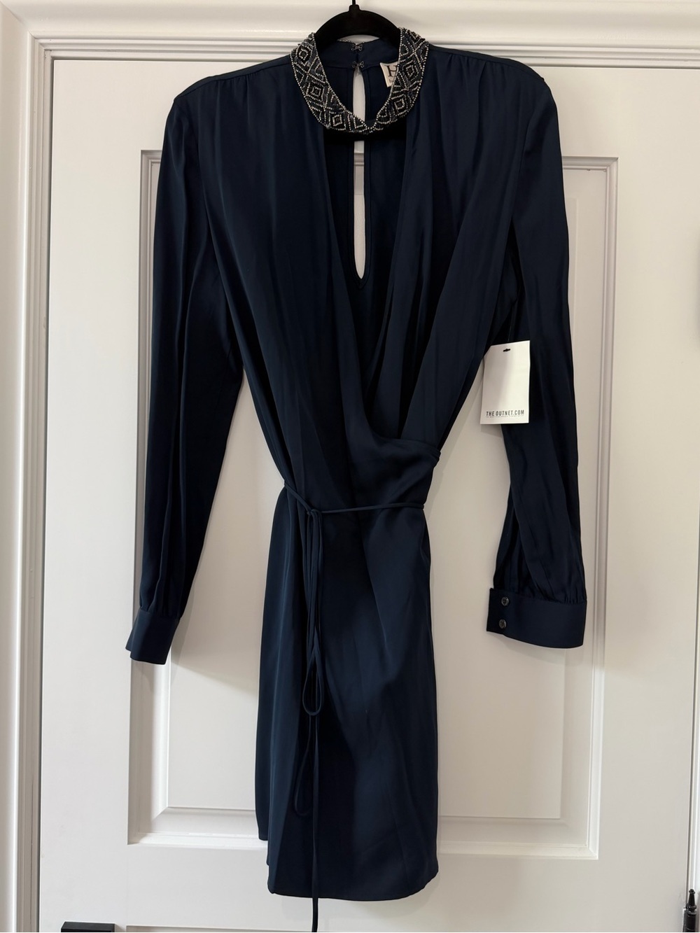 Haute Hippie Wrap Mini Dress - Navy Blue Silk - Size L - NWT